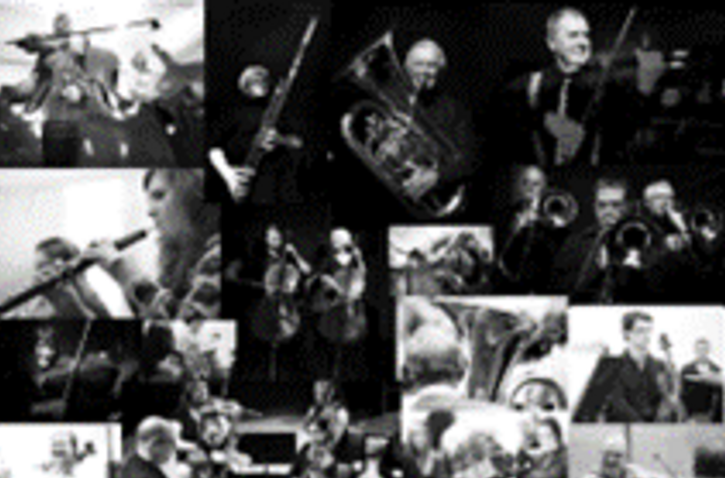 Collage of many small black and white photos of orchestra/people playing various instruments.