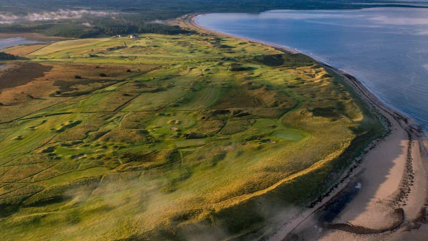 An aerial view of Donegal Golf Club beside Murvagh Beach.