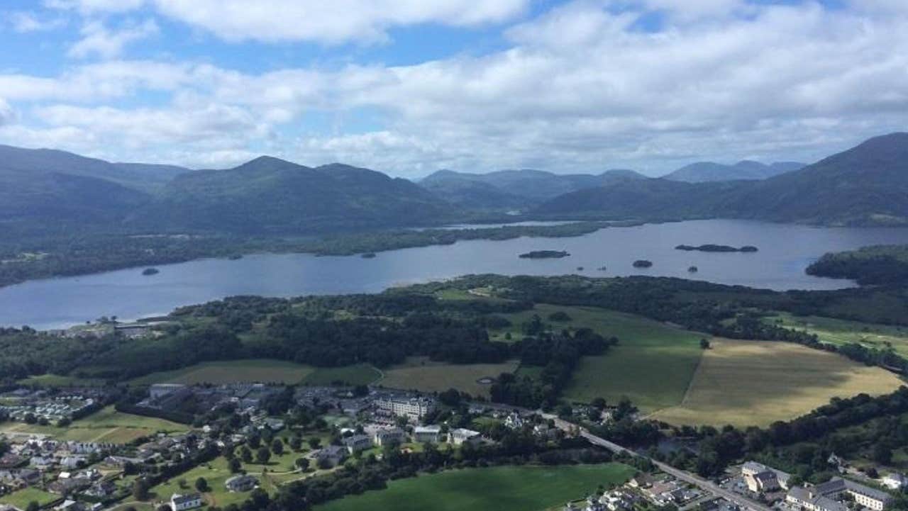 An aerial view from the helicopter overlooking Killarney lakes