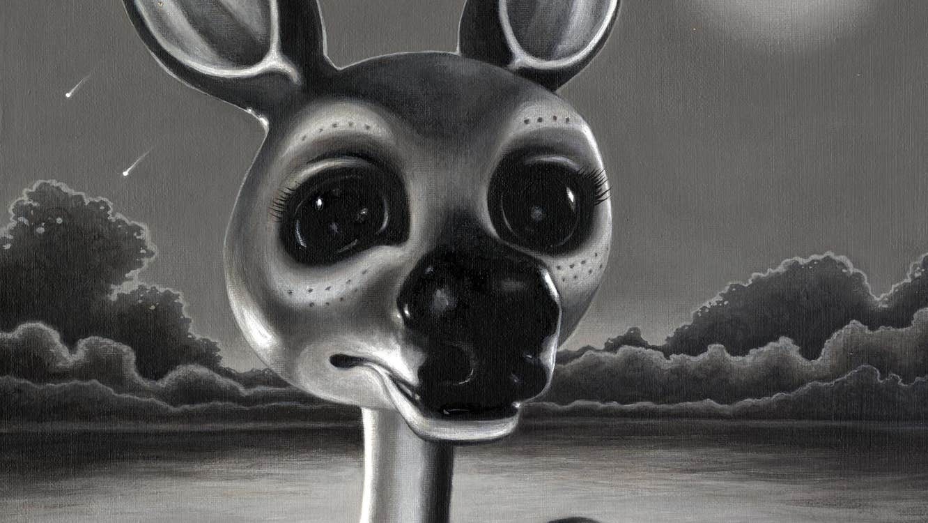 Black and white shaded drawing of a doe in moonlight