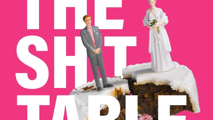 A plastic mini bride and groom on top of a broken wedding cake with large white event text and bright pink background.