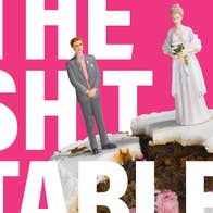 A plastic mini bride and groom on top of a broken wedding cake with large white event text and bright pink background.