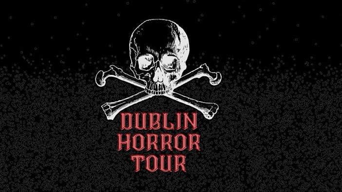 white skull and crossed bones with red text on black background.