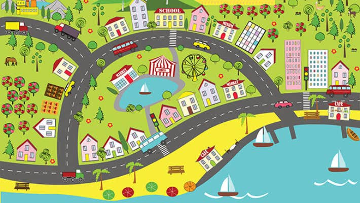 A simple colourful map of roads and houses by water.