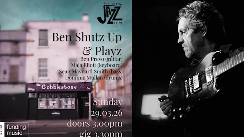 Ben Shutz Up & Playz at The Cobblestone - a man with an electric guitar beside an image of the front view of a pub.