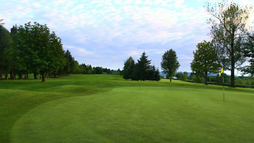 A view of the tenth green at Ballybofey and Stranorlar Golf Club with trees and a cloudy blue sky