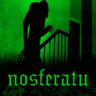 A dark shadow of staircase and creepy person against glowing green wall