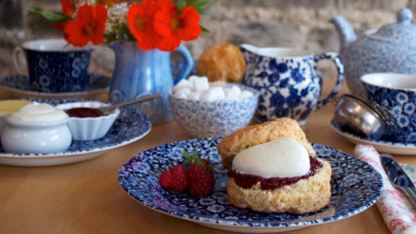 Freshly baked scones served with cream jam and tea in The Ballymaloe Shop and Café