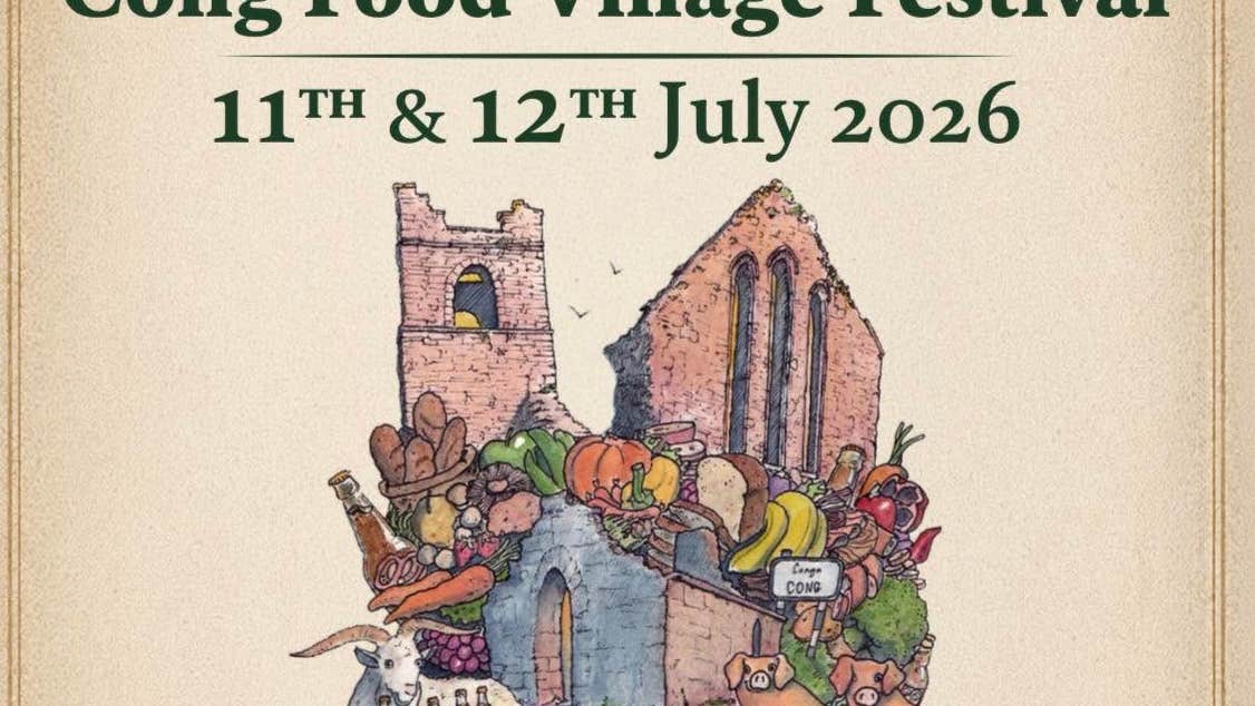 Part of poster for festival with hand drawn picture of church building with different foods and animals.