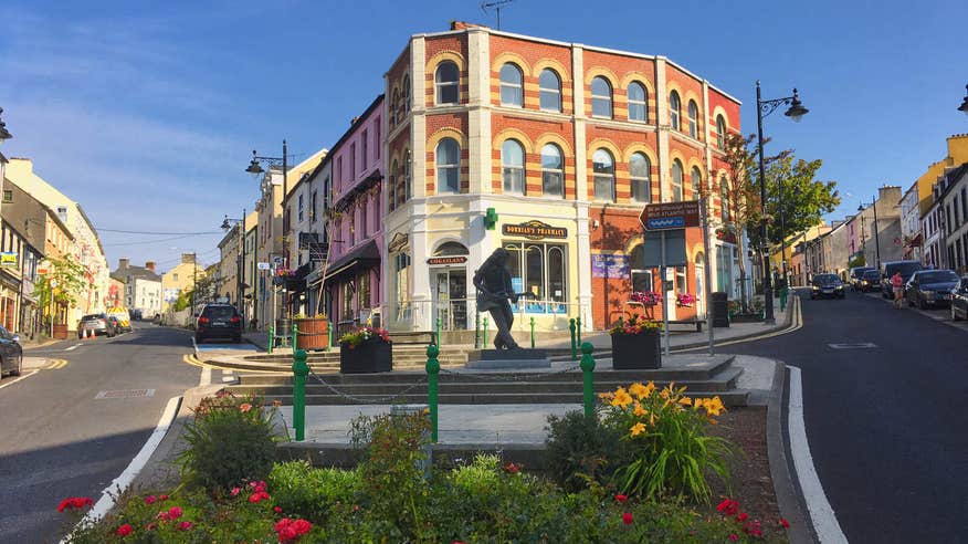 Street scene in Ballyshannon, County Donegal - featuring a statue of native son Rory Gallagher.