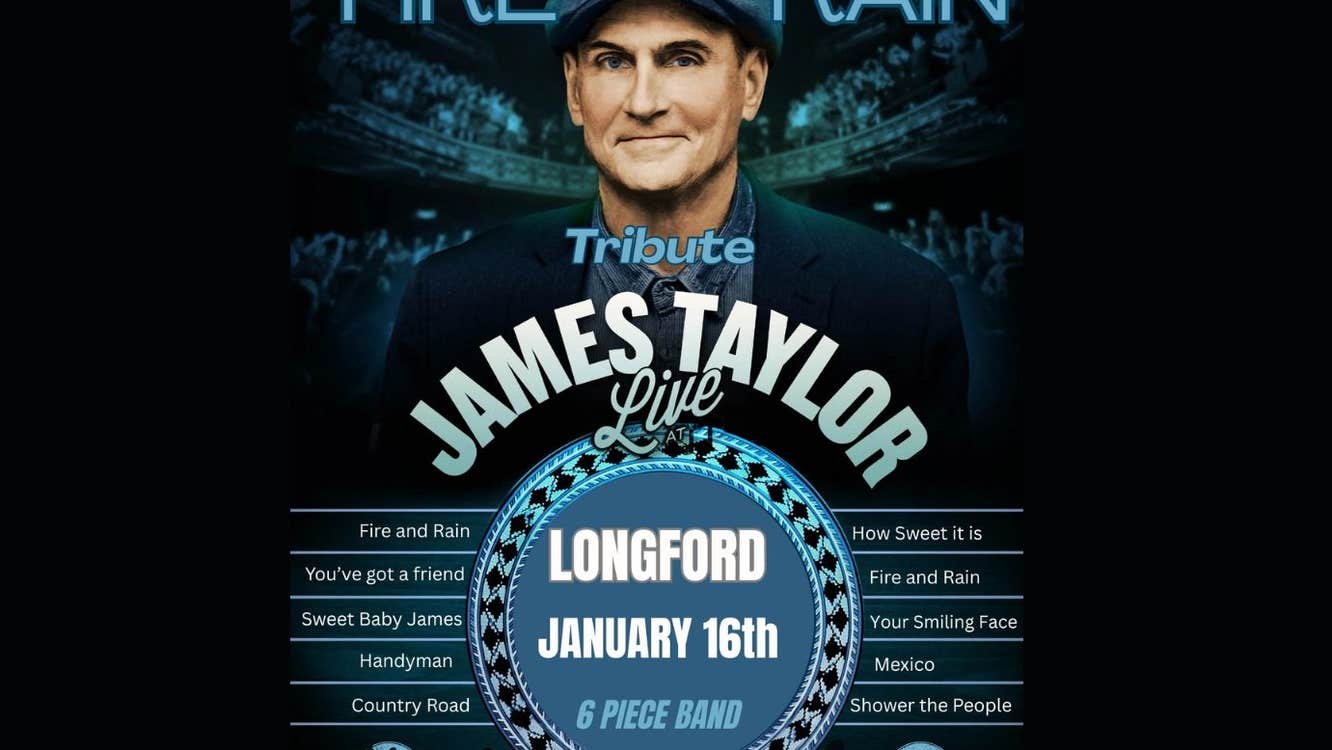 A Tribute to James Taylor at Backstage, poster with slightly smiling man wearing a cap above event text.
