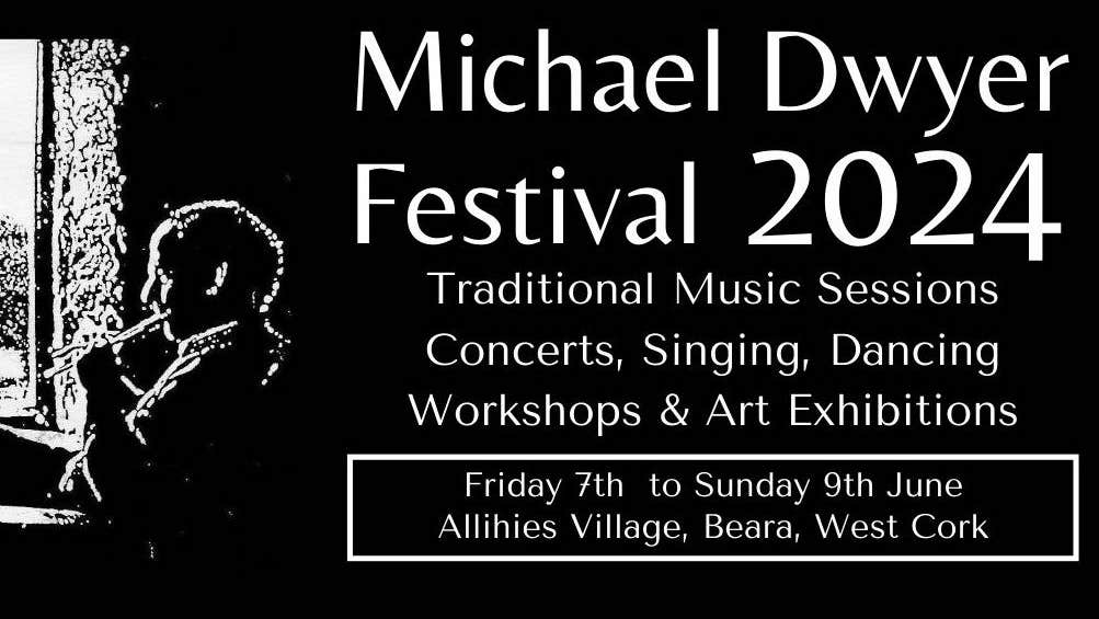 Black background with white text, image of a man seated playing a tin whistle by a window.