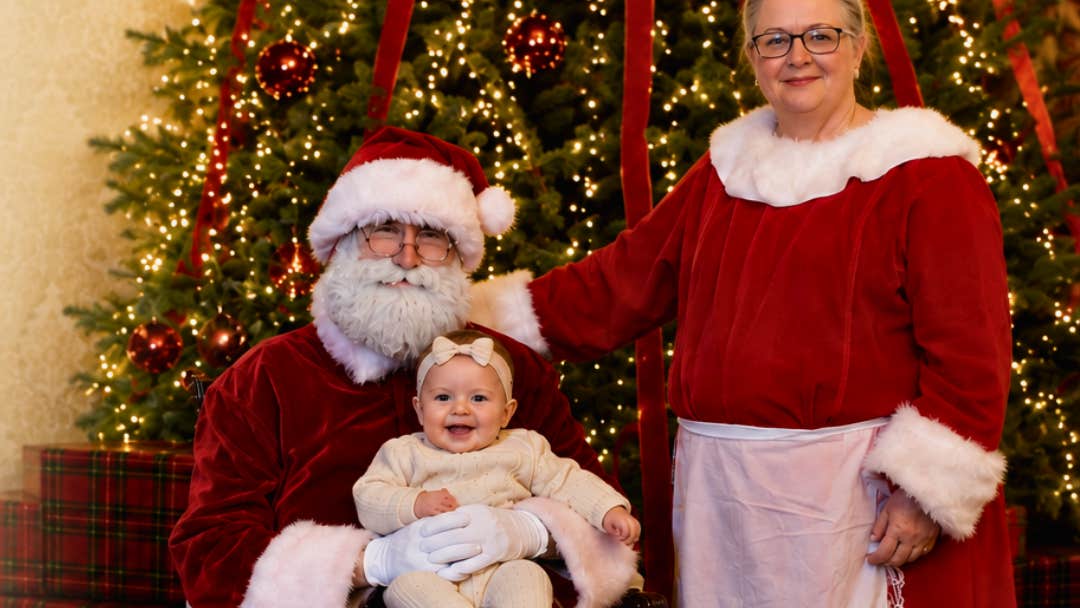 Santa and Mrs Claus in the beautiful dining room of Johnstown Castle with a stunning Christmas Tree in the background.