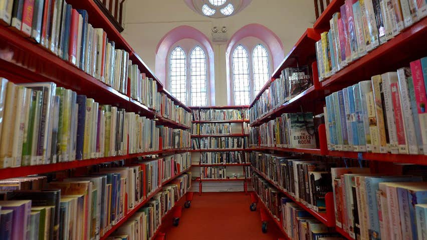 Rows of books leading to two arched windows