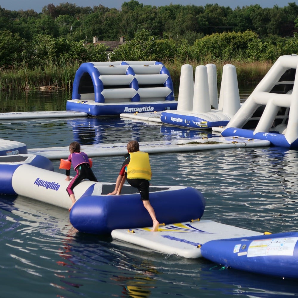 Inflatable water park on a lake