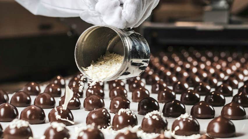 A row of chocolate sweets being sprinkled with flakes during manufacturing