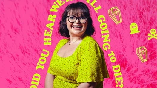 A laughing woman in bright yellow dress against bright pink background with her outlined in yellow text.