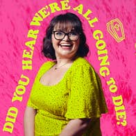 A laughing woman in bright yellow dress against bright pink background with her outlined in yellow text.