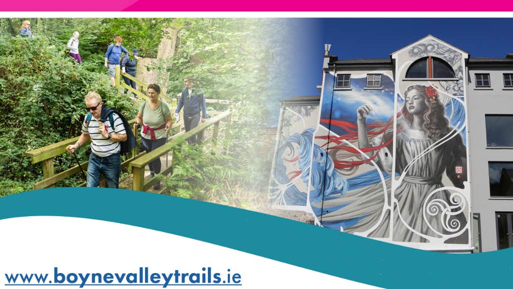 Part of poster showing people hiking across a small wooden bridge, and the side of a building with large mural of a woman.