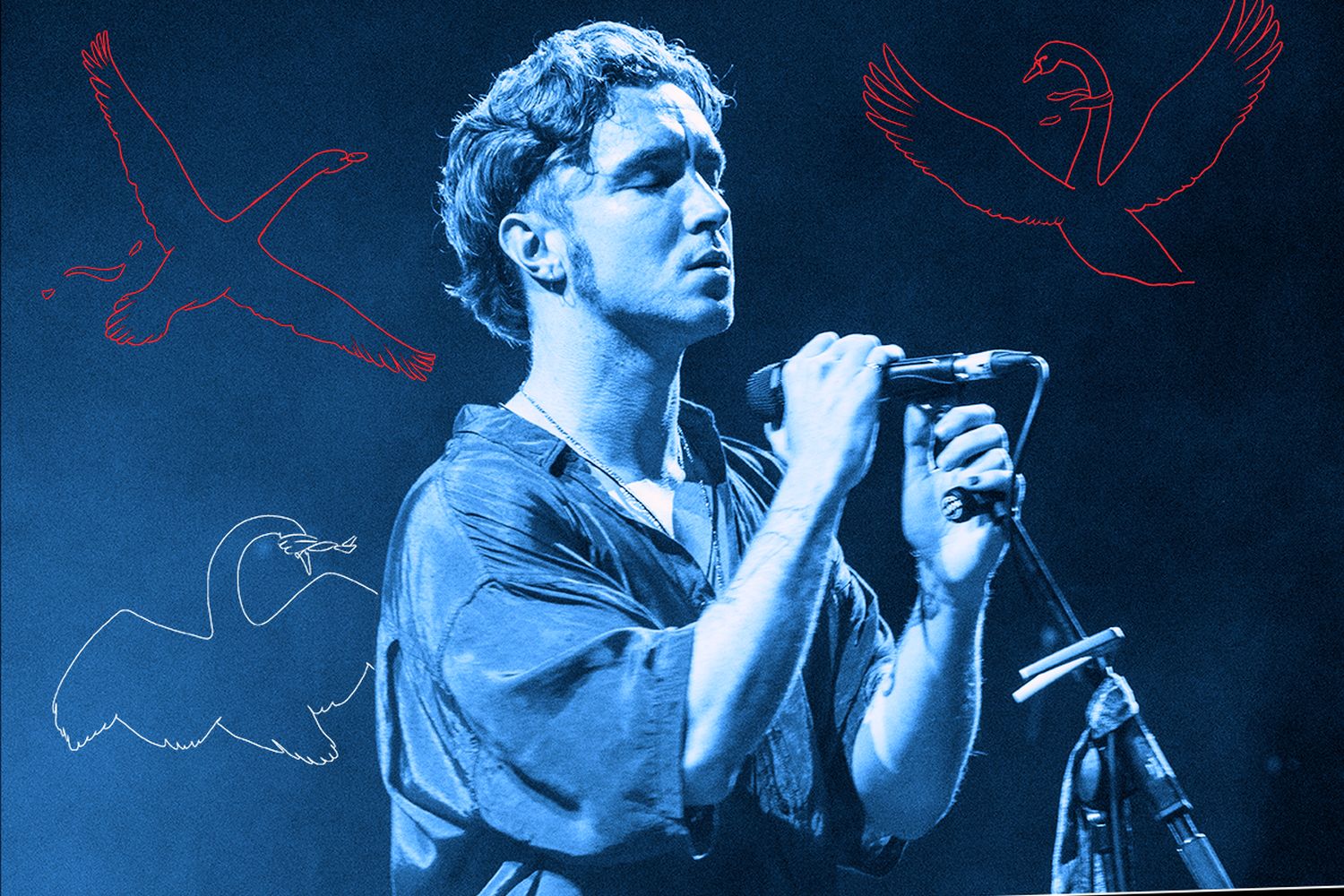 A man is holding mic on stand with eyes closed, lit in blue light against blue background with outlines of swan type birds on it.