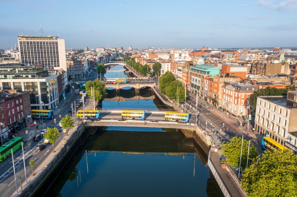 Aerial view of the River Liffey with Dublin buses crossing the bridges.