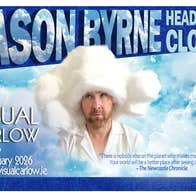 A man looking upwards in white shirt with head covered in huge, white, fluffy hat surrounded by clouds and blue text.