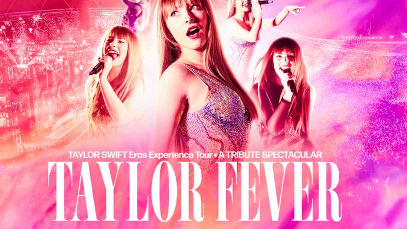 Taylor Fever - 2026 World Tour - pink poster with different views of a woman in sparkly dress singing.