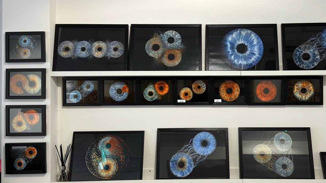 Rows of framed pictures of irises on a wall