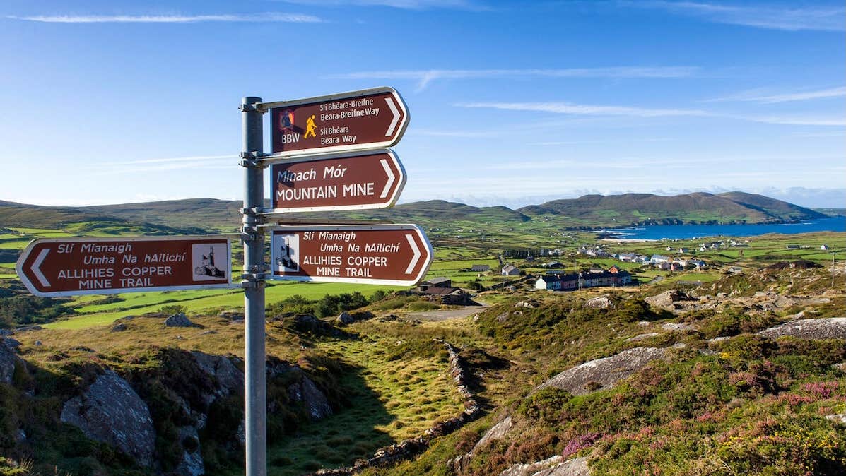 A sign post with brown tourist signs pointing in different directions, with expansive view over hills and water in the background.