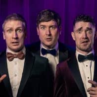 3 startled looking men in evening suits and bow ties.