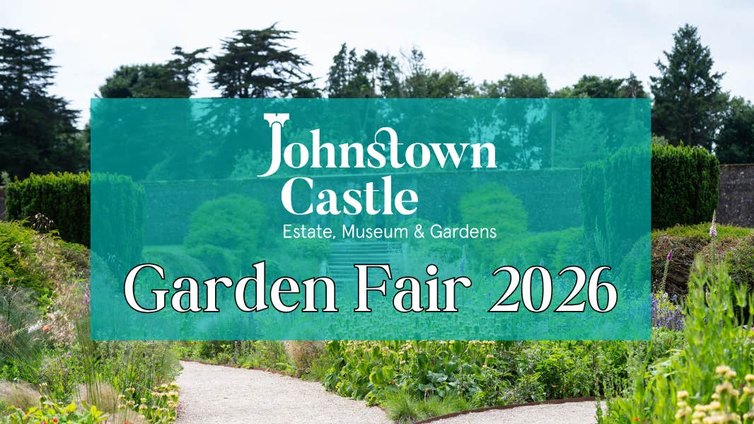 The main promotion image of the Johnstown Castle Garden Fair 2026 with the walled garden herbaceous borders as a backdrop.
