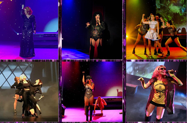 Image shows 6 individual pictures of female artists performing on various stages.