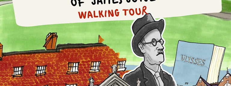 the illustration at there forefront is of various famous Dublin buildings with a black & White illustration of James Joyce