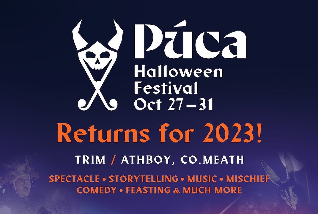 Púca Halloween Festival. White logo of a devil type image agains dark background with white and orange text.