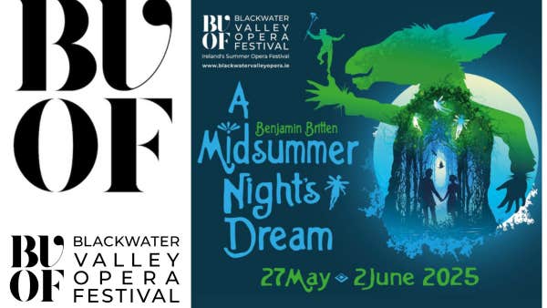 A Midsummer Night's Dream at BVOF, blue poster with green outline of a vertically standing donkey containing a couple holding hands in woods.