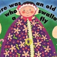 There Was An Old Lady Who Swallowed A Fly - drawn, cartoon type image of a smiling old woman with flowery dress.