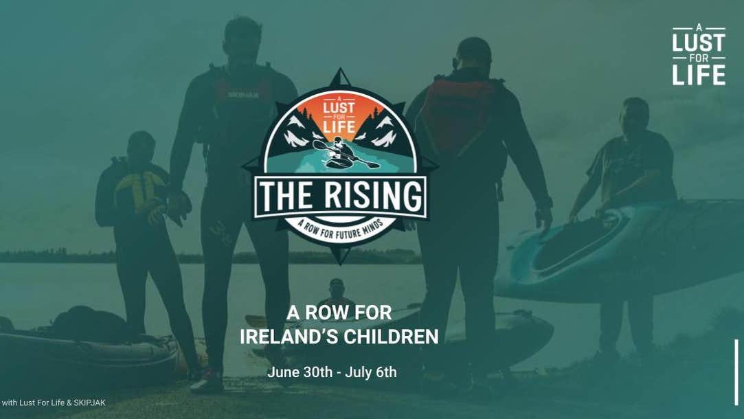 People in wetsuits be a river with kayaks, overlaid with green colour and logo of the organisers in black, white and orange.