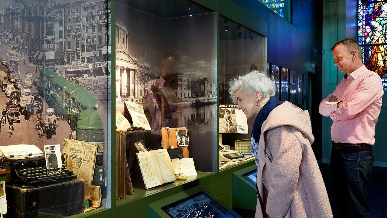 People visiting the main exhibition experience at the Patrick Kavanagh Centre