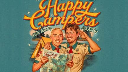 I'm Grand Mam - Happy Campers, cartoon style image of 2 smiling men in ranger type uniforms, one holding a map.