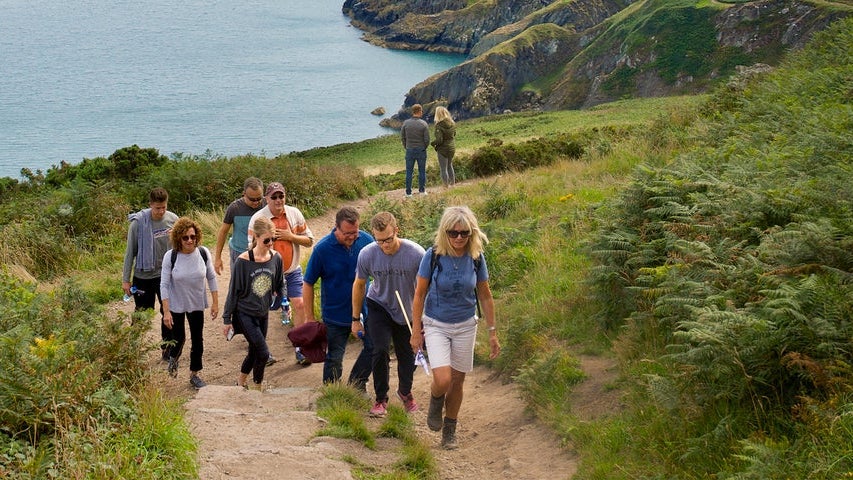 Group of people walking along a coastal path with the sea in the background