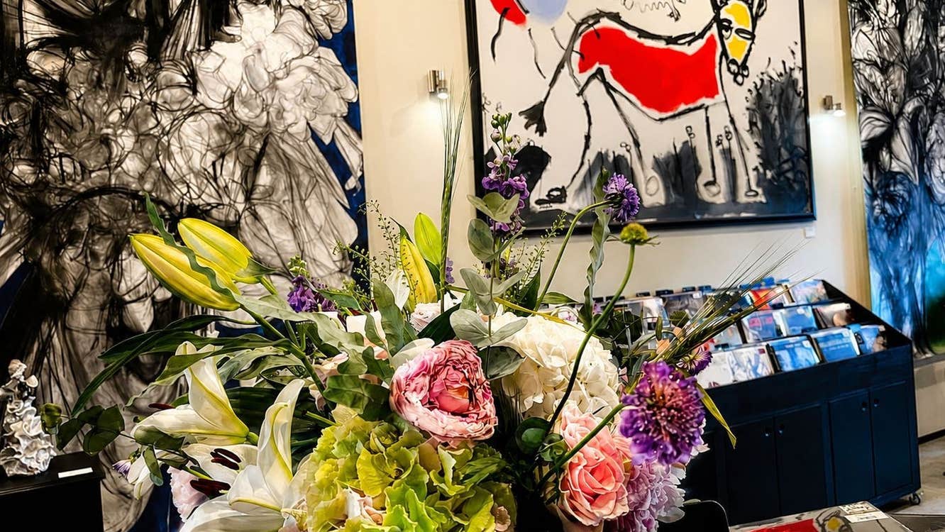 Abstract painting of a horse and a vase of flowers at The Kilmorna Collection