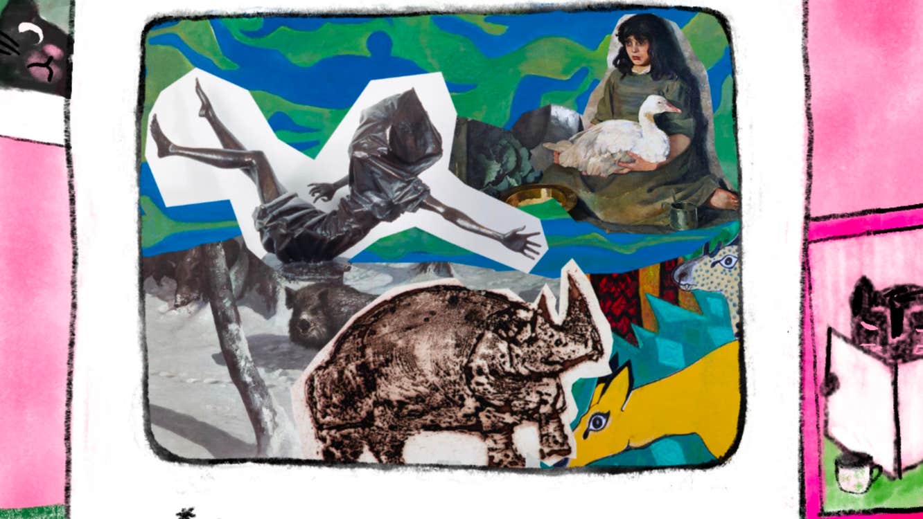 A collage of various images, framed within a drawing of a monitor.