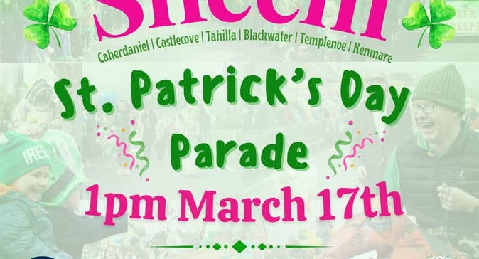 Details of st Patrick’s day on green poster with pink or dark green writing