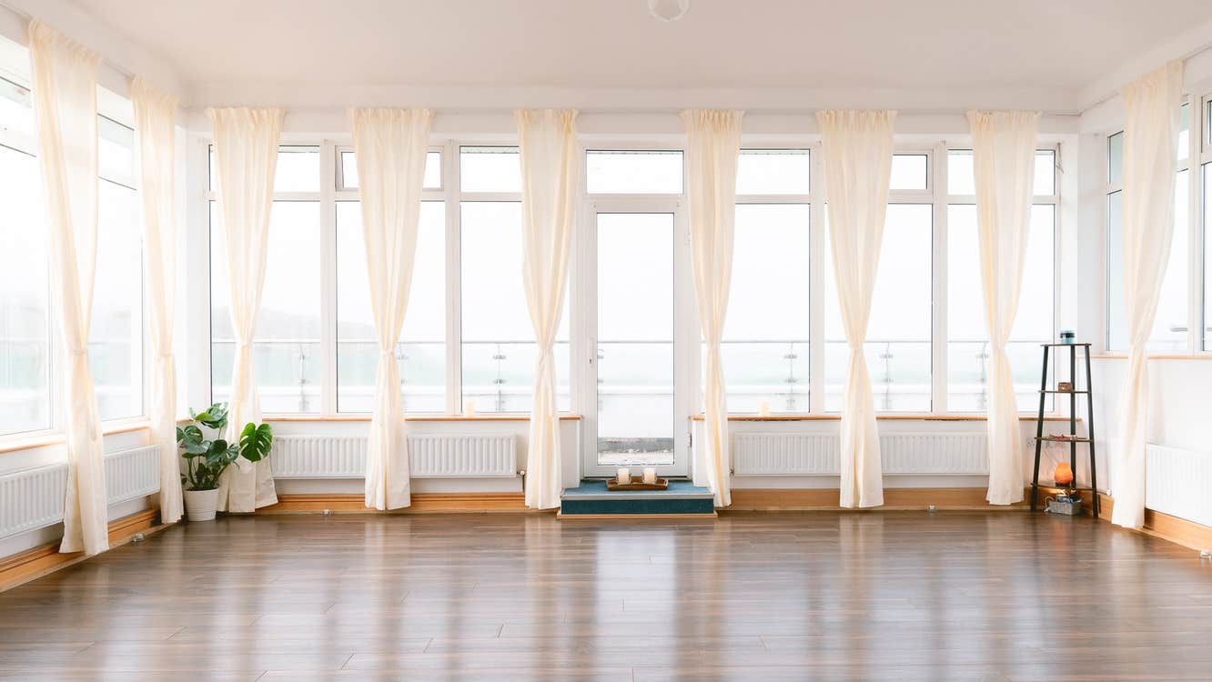 An image of one of Kindred Studios for ballet with open drape curtains allowing natural light in