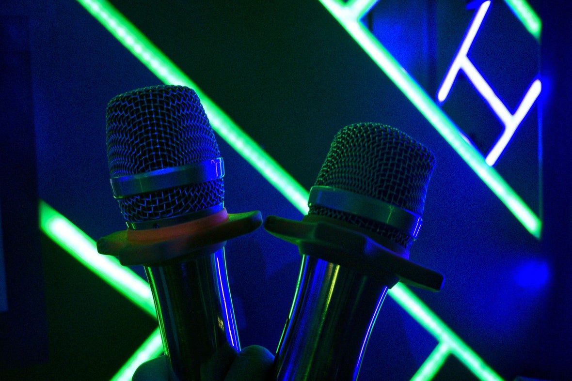 Two microphones in Maneki karaoke bar on Dawson street.