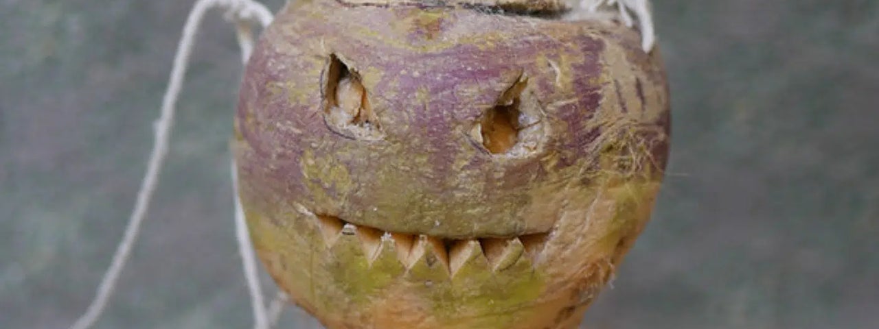 Image of a carved turnip as per Irish Halloween tradition