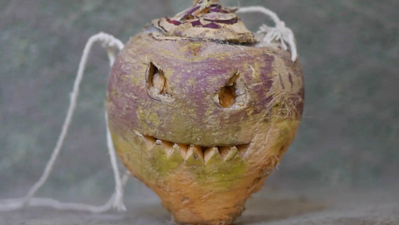 Image of a carved turnip as per Irish Halloween tradition