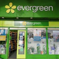A shop exterior with different shades of green