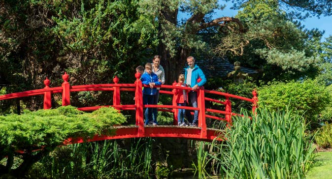 A family on the red bridge at the Japanese Gardens in Kildare.