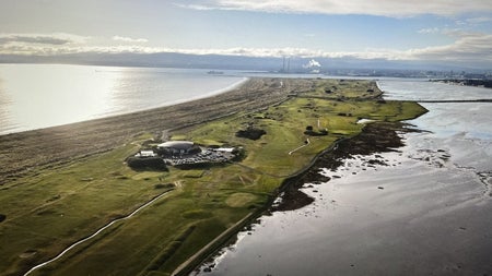 Aerial view over St Anne's Golf Club and golf course on Bull Island